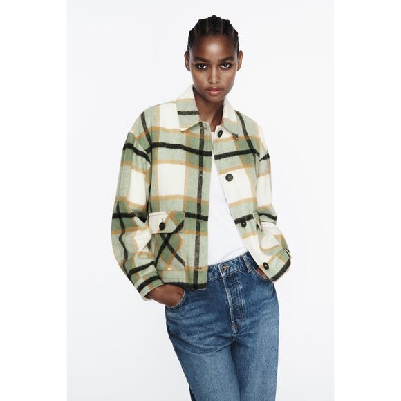 Women's ZARA Patch Pocket Plaid Overshirt (Ecru Green S) - Picture 1 of 7